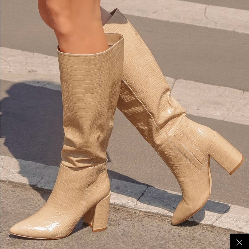 Katari Light Nude Croc Pointed-Toe Knee High Boots